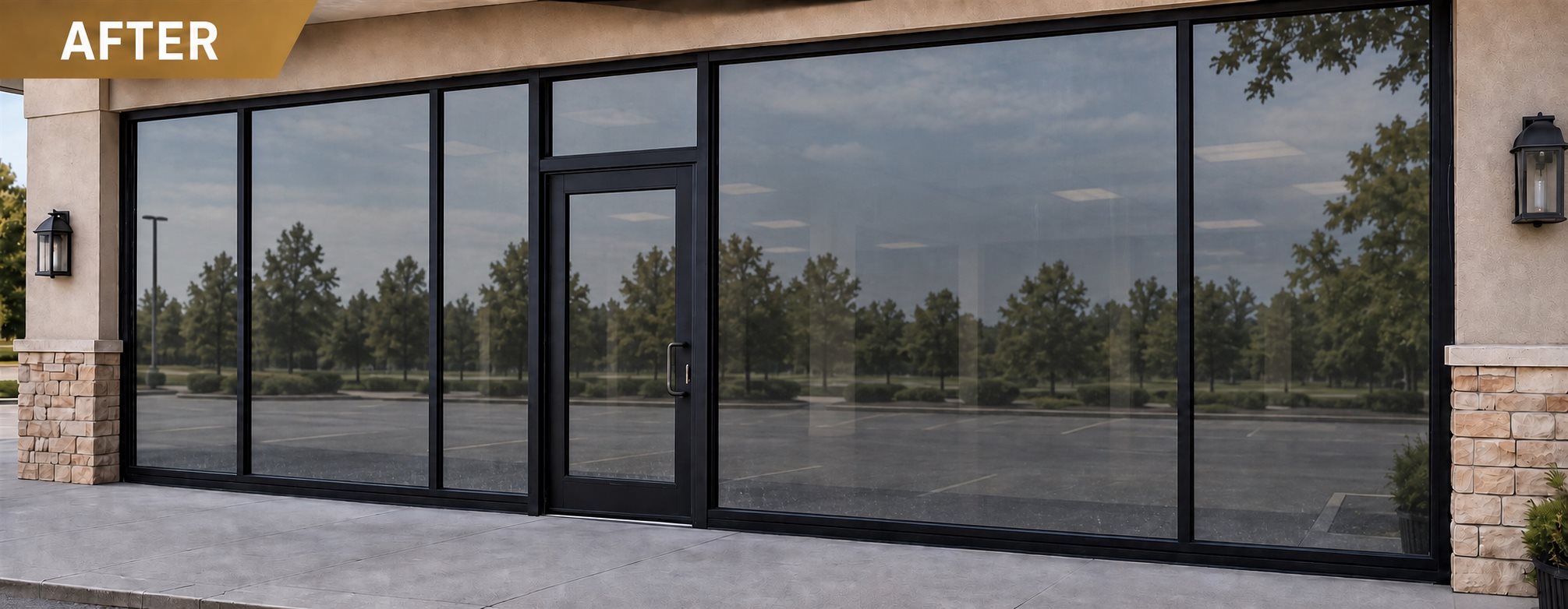 Illustrative bare-glass storefront before vinyl