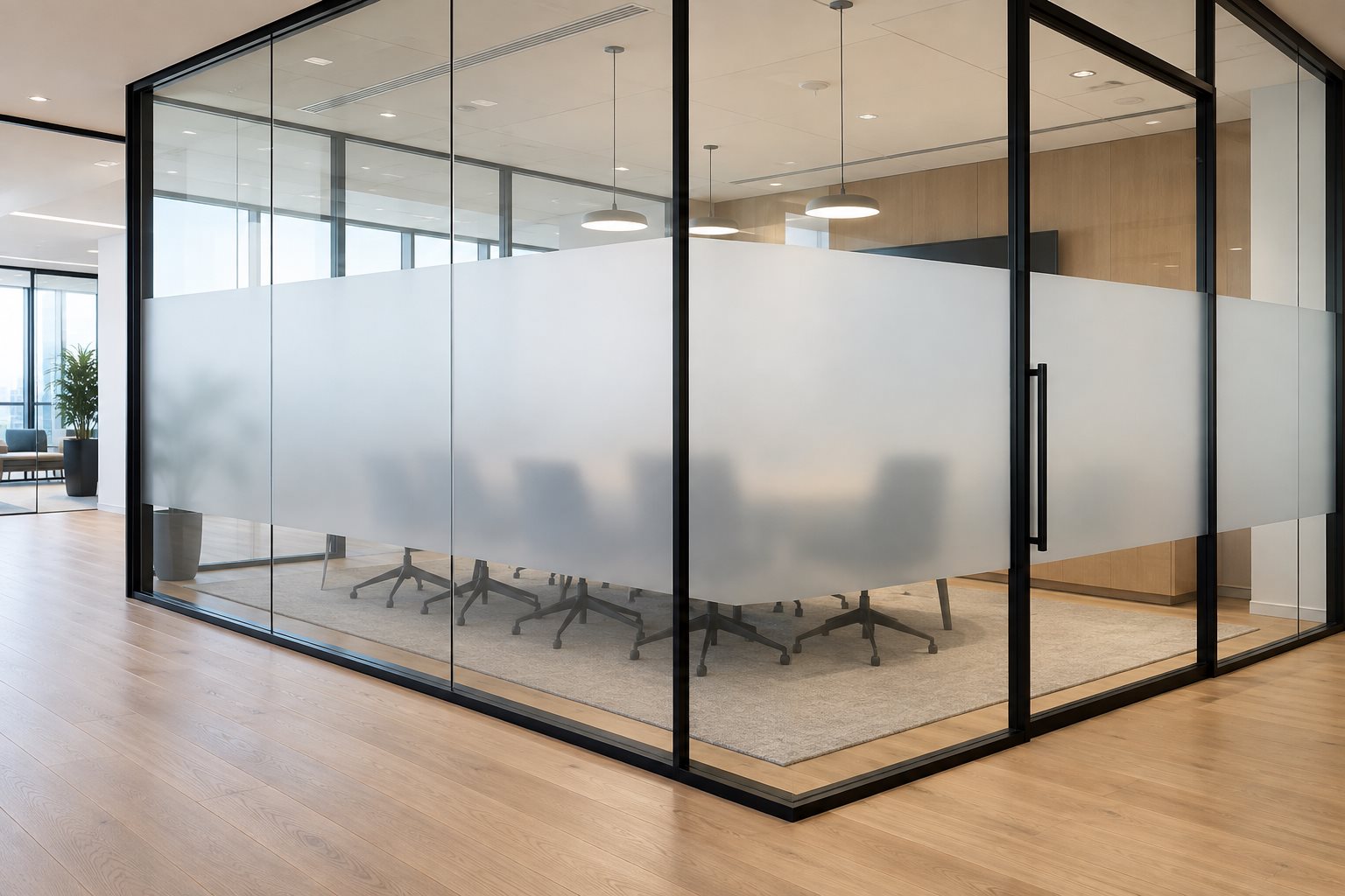 Illustrative meeting room with a wide frosted privacy band on glass partitions