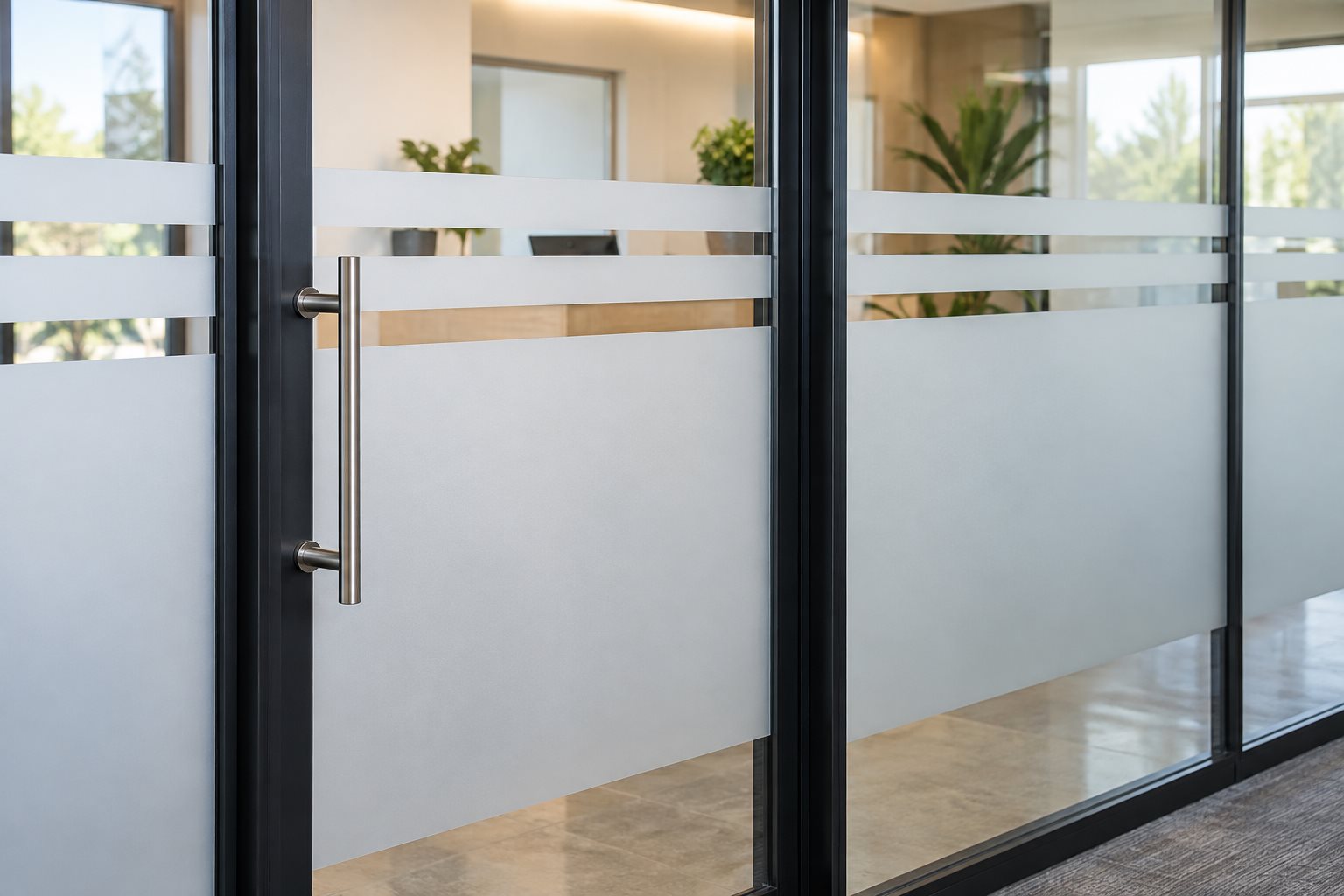 Illustrative commercial glass door with frosted film and horizontal clear gaps