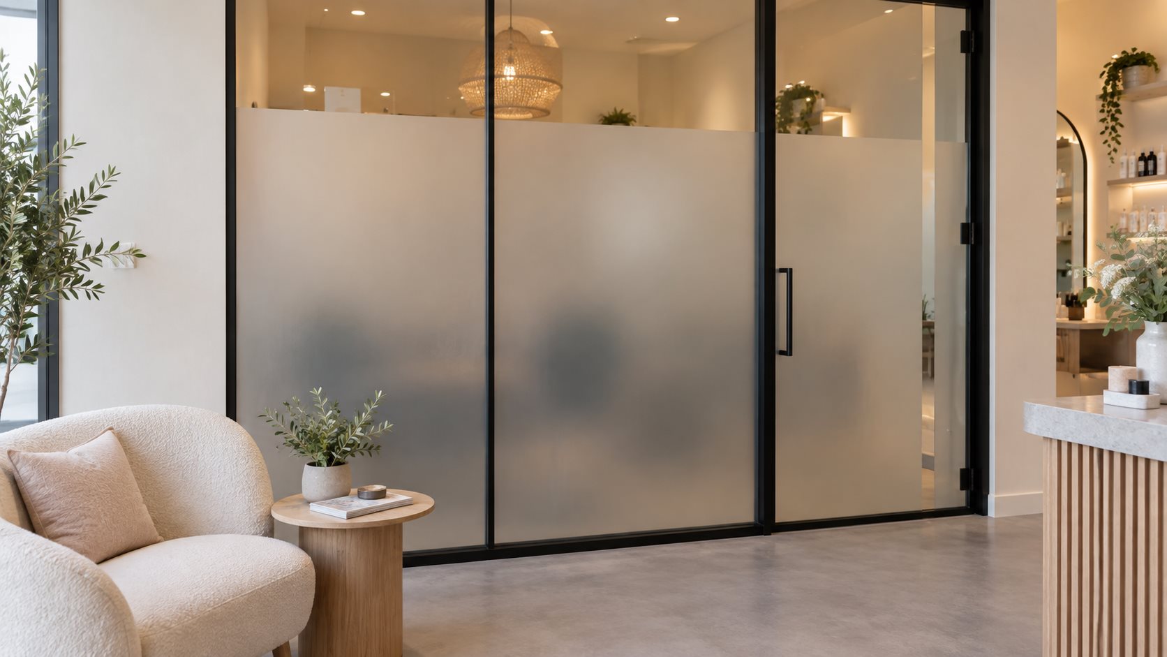 Illustrative salon reception with frosted privacy film on a black-framed consultation-room glass partition