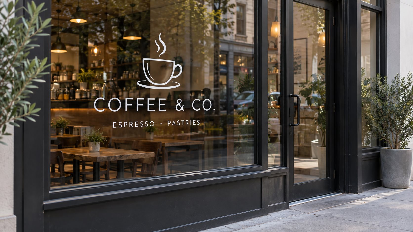 Illustrative cafe storefront with white cut-vinyl lettering and a coffee-cup graphic on clear glass