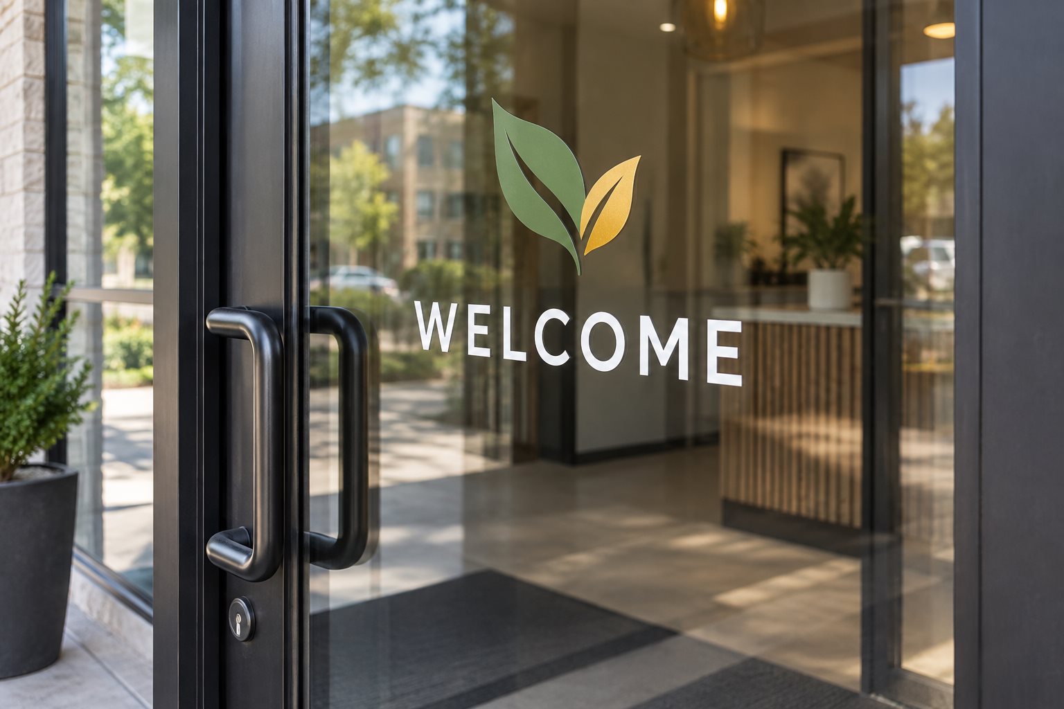 Illustrative glass entrance door with white welcome lettering and a two-colour leaf decal