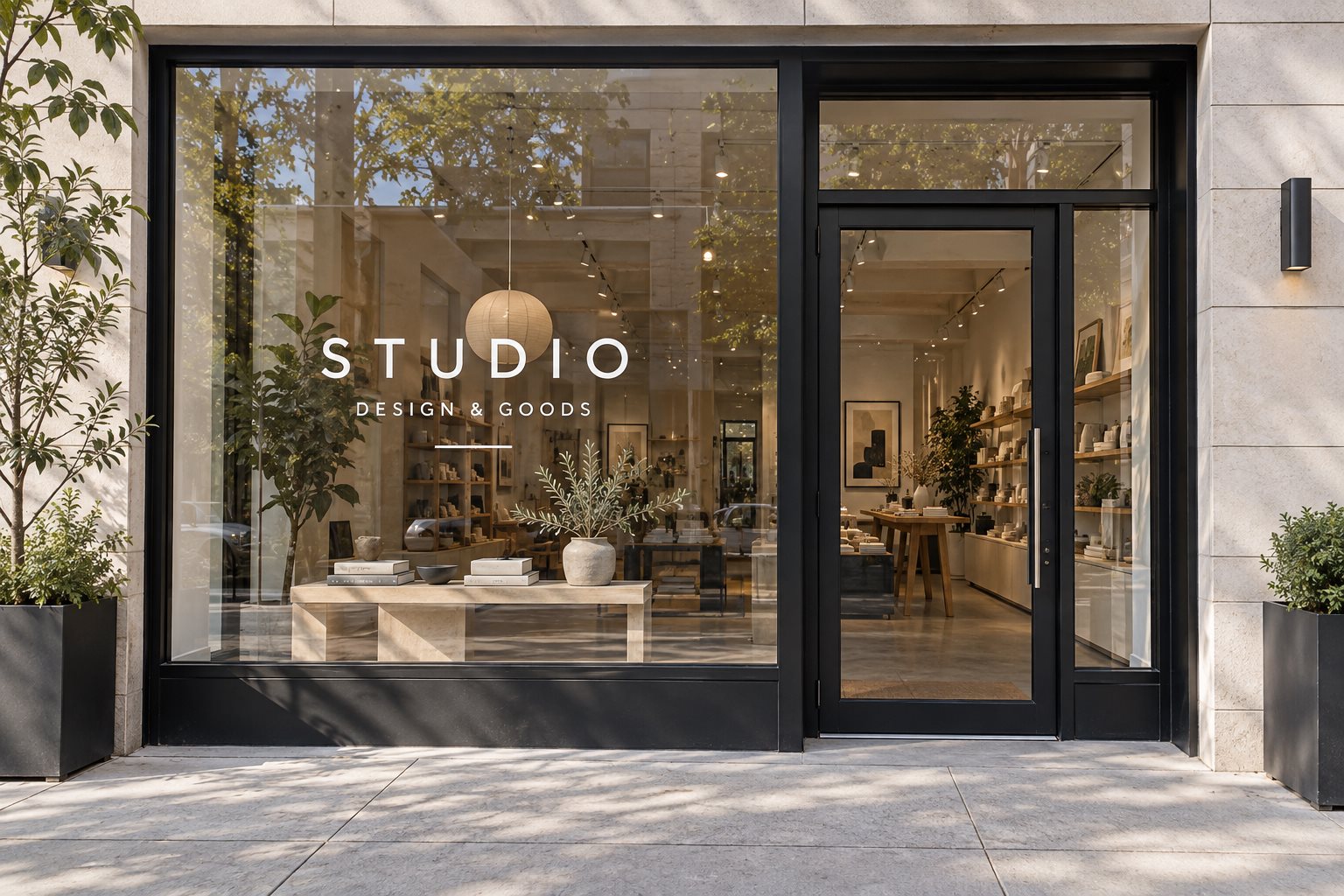 Illustrative boutique storefront with individual white vinyl lettering on clear glass