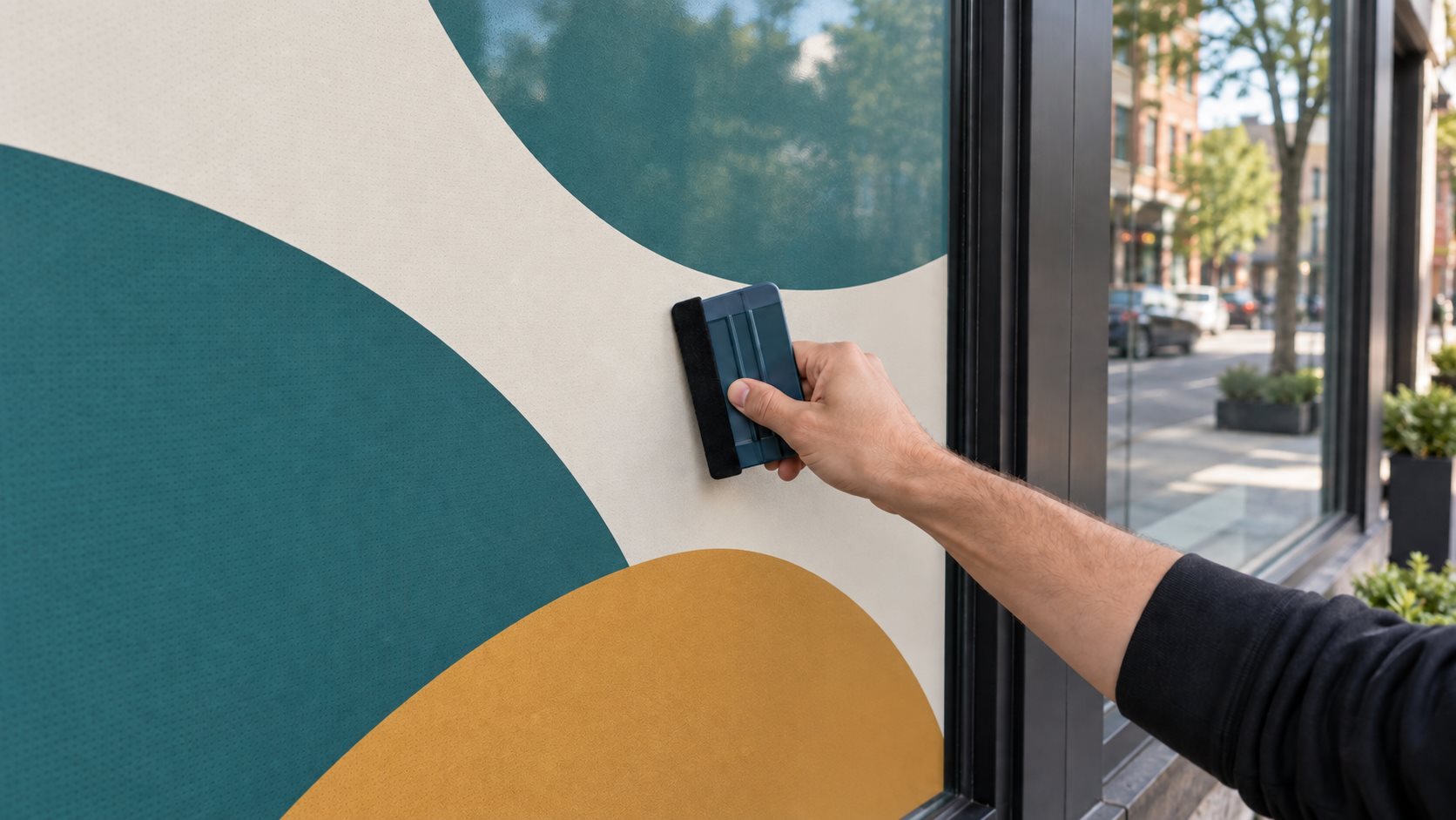 Illustrative final smoothing of fine-perforated printed vinyl covering a storefront pane to its frame