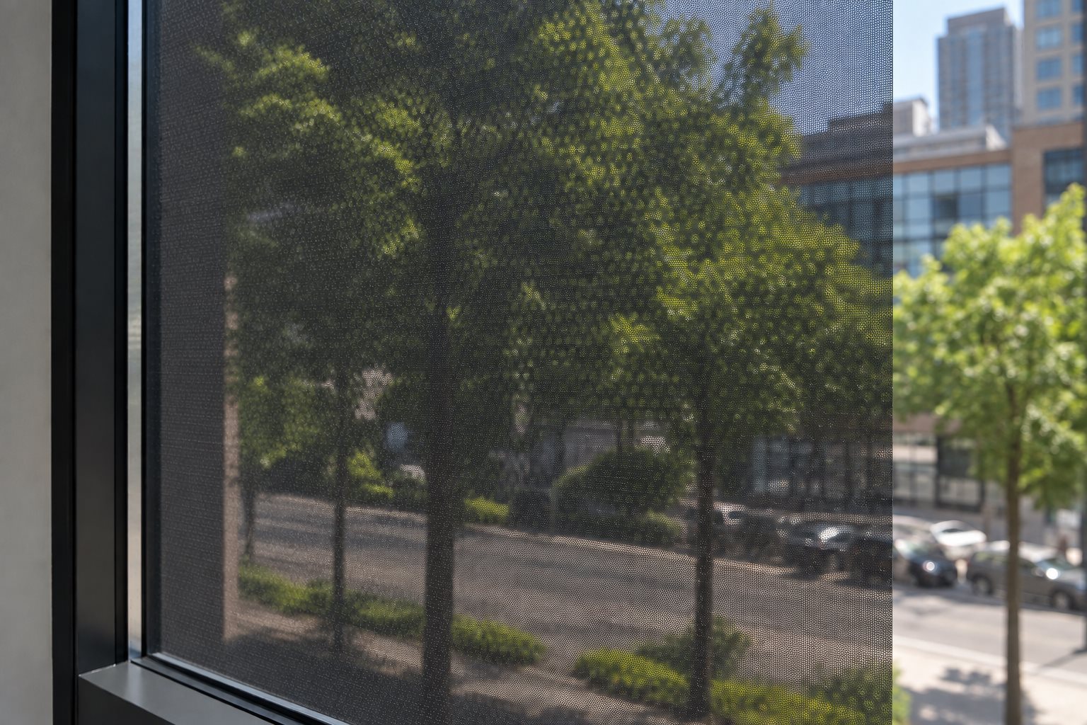 Illustrative interior view through fine perforated window film, with the street visible through the dark reverse side