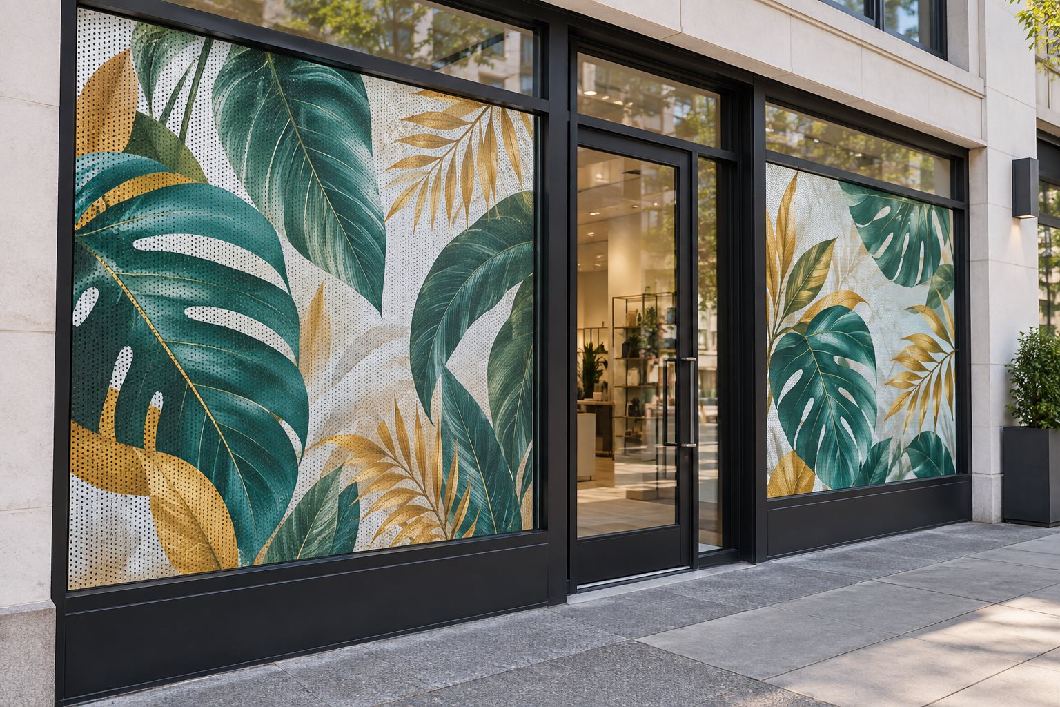 Illustrative storefront with botanical graphics printed on perforated window film