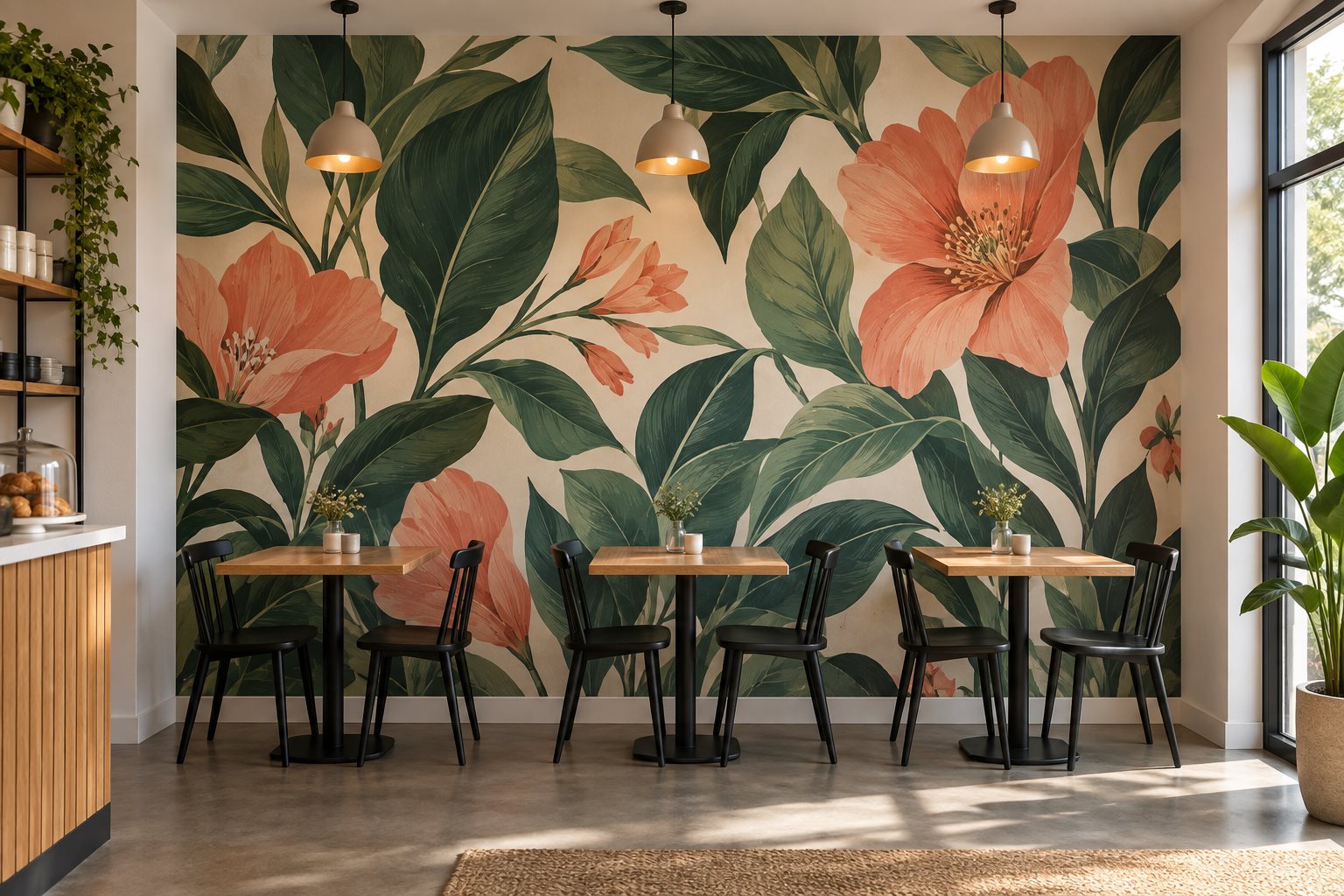 Café interior design with a botanical wall mural featuring green leaves and coral flowers