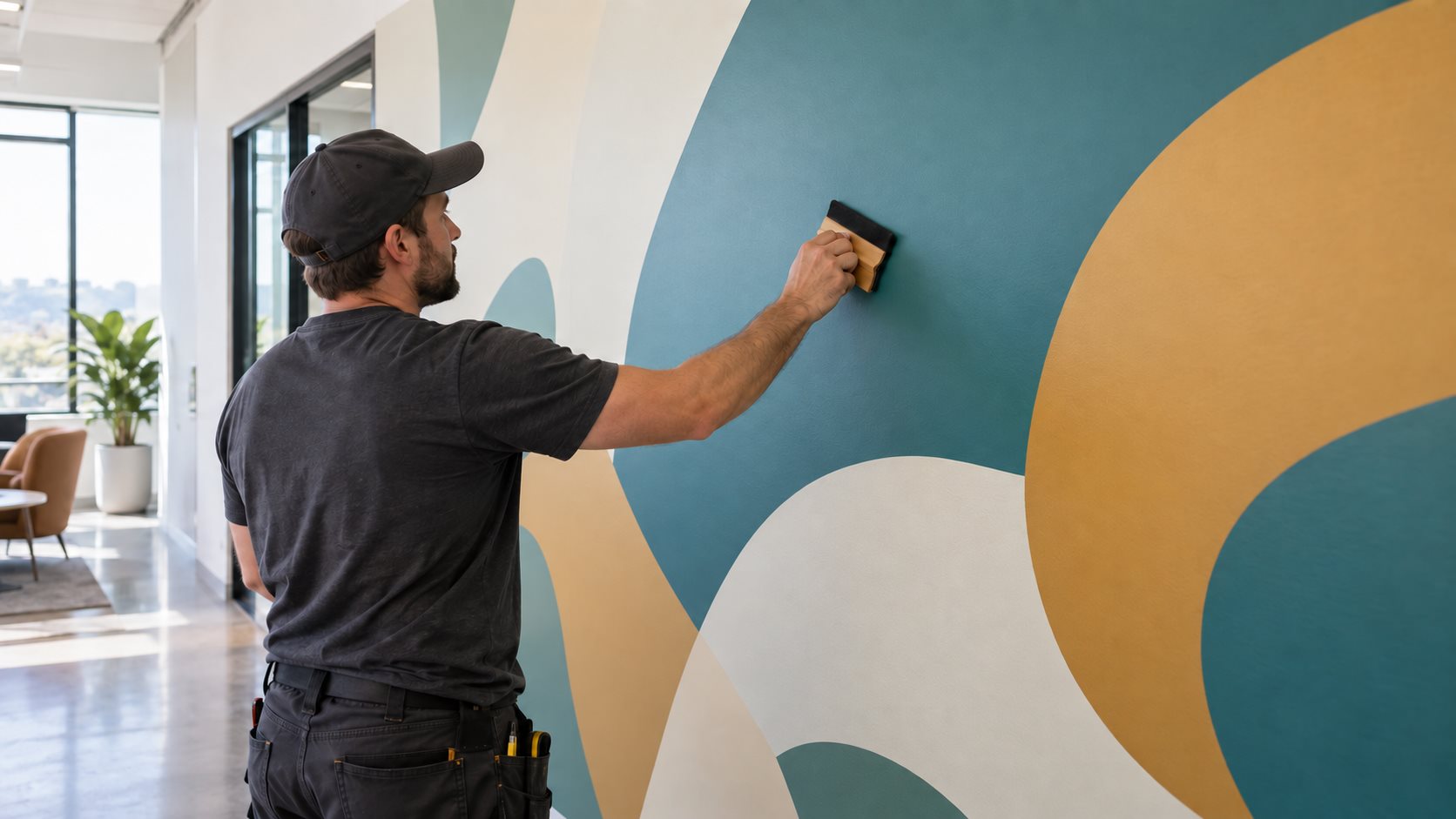 Wall vinyl installation detail with a felt-edged squeegee smoothing a teal, cream, and ochre graphic