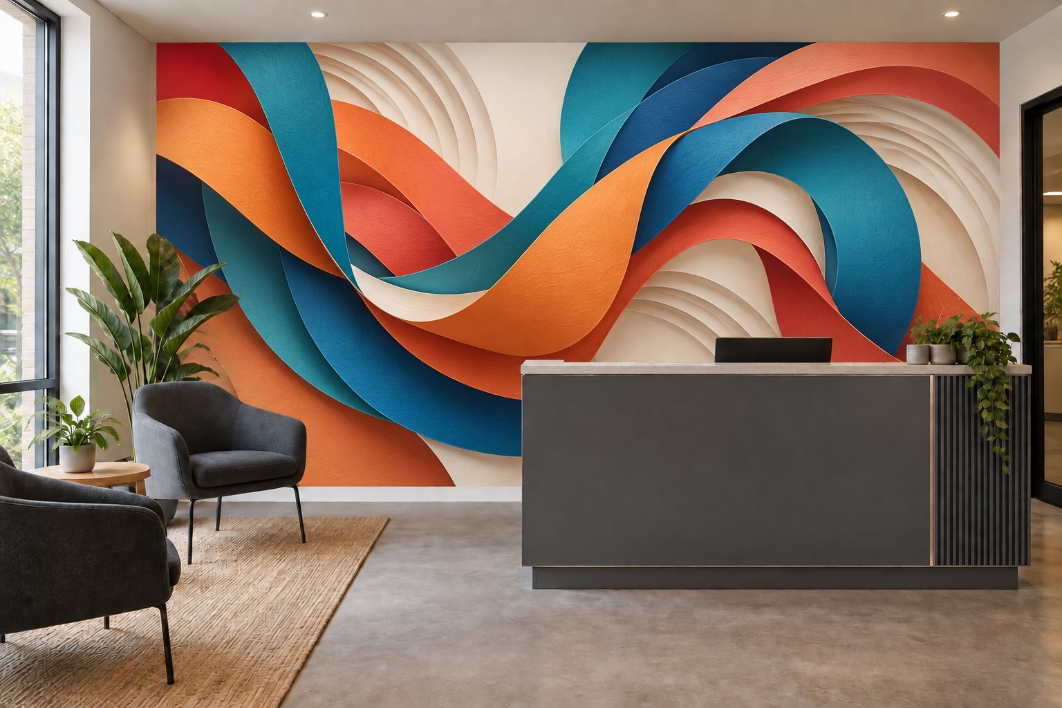 Reception design with an orange and teal ribbon-inspired wall mural behind a graphite front desk